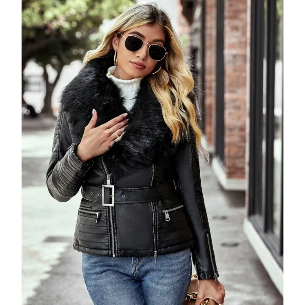 Black Faux Fur Leather Belted Motorcycle Bomber Jacket Sherpa Winter Biker Coat - Picture 1 of 10